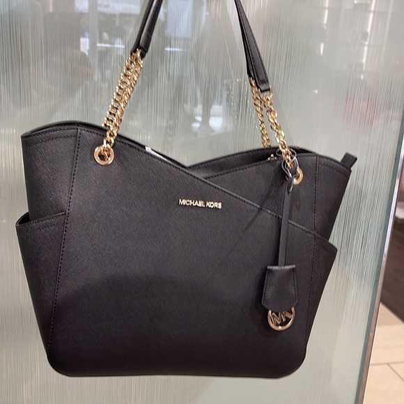 Michael Kors Jet Set Travel Large Chained Tote Shoulder Bag MK Black NWT - Picture 7 of 16